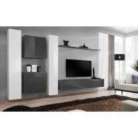 Ensemble meuble salon mural SWITCH VI design, coloris gris et blanc brillant.