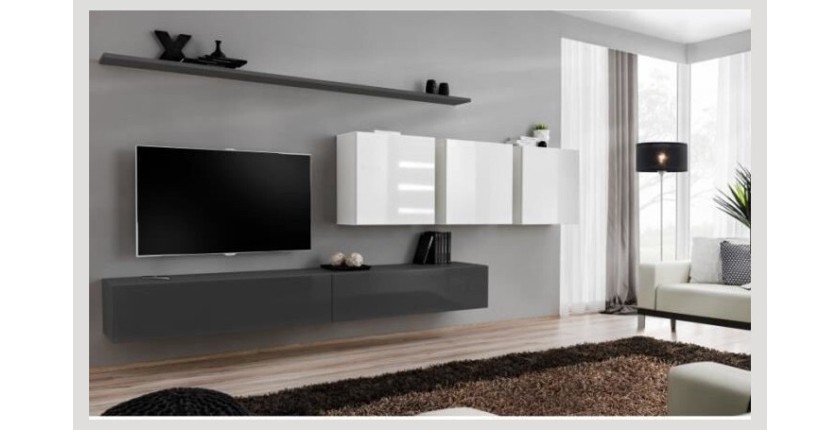 Ensemble meuble salon SWITCH VII design, coloris gris et blanc brillant.