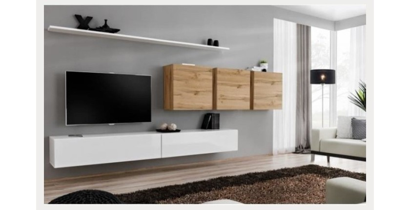 Ensemble meuble salon SWITCH VII design, coloris blanc brillant et chêne Wotan.