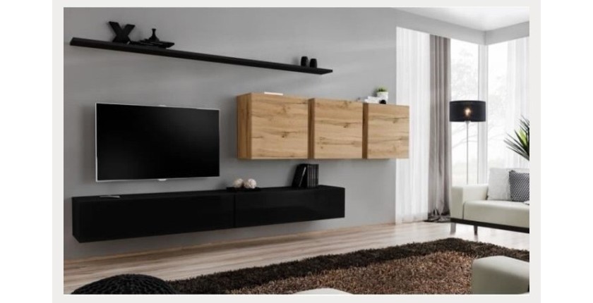 Ensemble meuble salon SWITCH VII design, coloris noir brillant et chêne Wotan.