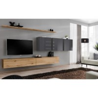 Ensemble meuble salon SWITCH VII design, coloris chêne Wotan et gris brillant.