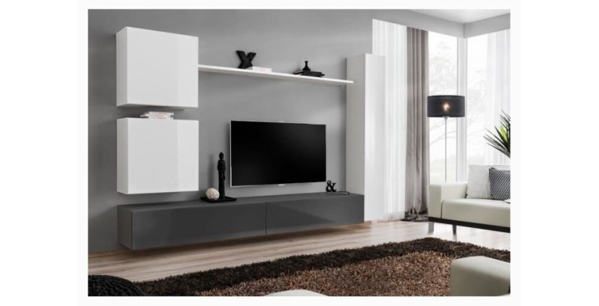 Ensemble meuble salon mural SWITCH VIII. Meuble TV mural design, coloris blanc et gris brillant.