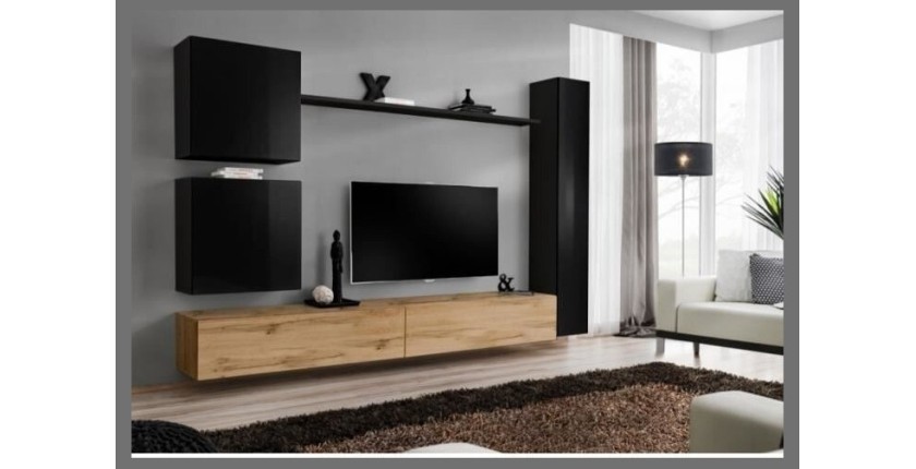 Ensemble meuble pour salon, mural, SWITCH VIII.Meuble TV mural design, coloris chêne Wotan et noir brillant.