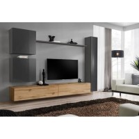 Ensemble de  meuble pour votre salon SWITCH VIII.Meuble TV mural design, coloris chêne Wotan et gris brillant.