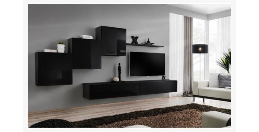 Ensemble meuble salon mural SWITCH X design, coloris noir brillant.
