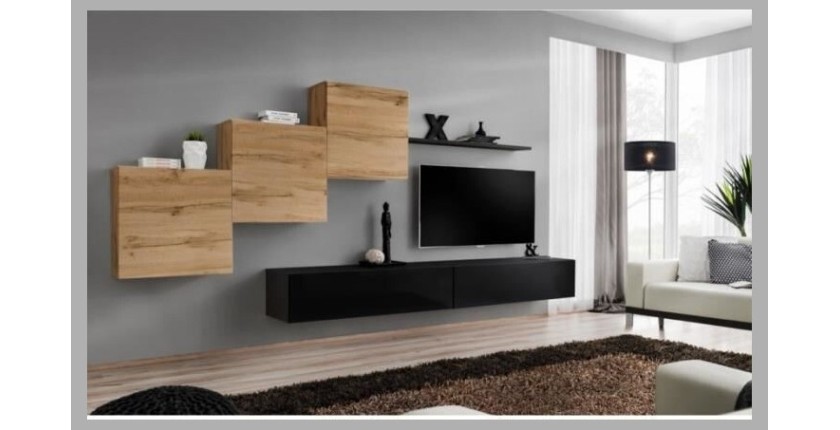 Ensemble meuble salon mural SWITCH X design, coloris noir brillant et chêne Wotan.