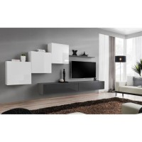 Ensemble meuble salon mural SWITCH X design, coloris gris et blanc brillant.
