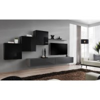 Ensemble meuble salon mural SWITCH X design, coloris gris et noir brillant.