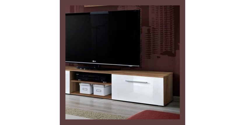 Meuble TV GALINO design, coloris prunier et blanc brillant. Meuble moderne et tendance pour votre salon.