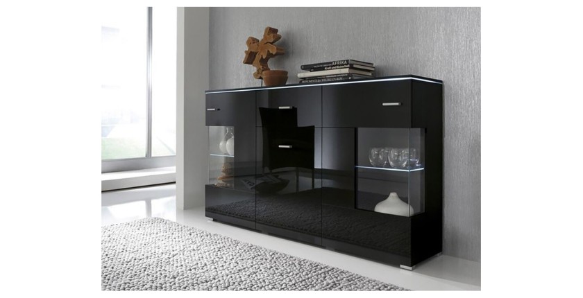 Buffet design KIELS 150 cm, 3 portes et 1 tiroir, coloris noir brillant + éclairage LED.
