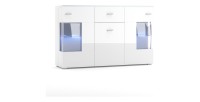 Buffet design KIELS 150 cm, 3 portes et 1 tiroir, coloris blanc brillant + éclairage LED.