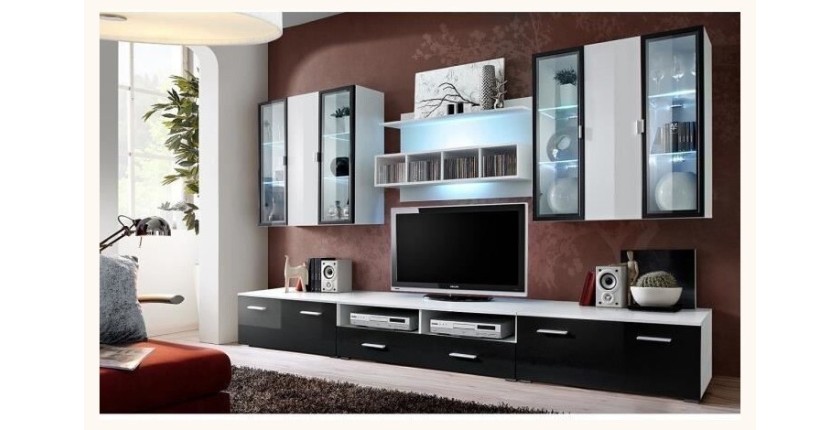 Ensemble meuble salon Quadro blanc et noir de haute brillance avec LED