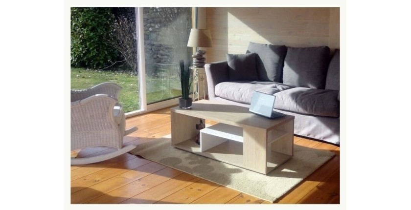 Table basse MELINA. Meuble moderne et tendance couleur chêne et blanc. Idéal pour votre salon. Fabrication française