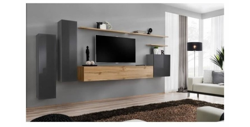 Ensemble meuble salon SWITCH I design, coloris gris brillant et chêne Wotan.