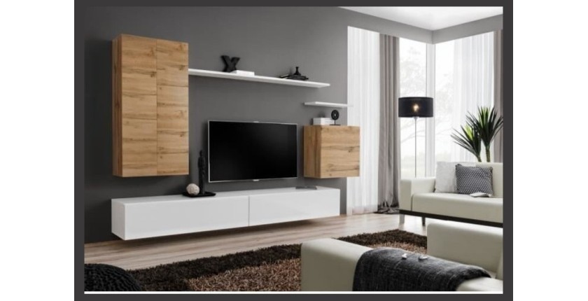 Ensemble meuble salon SWITCH II design, coloris chêne Wotan et blanc brillant.