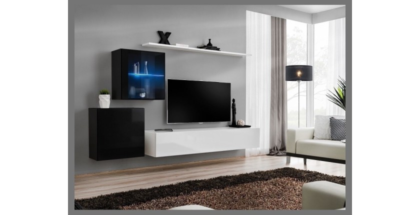 Ensemble meuble salon mural SWITCH XV design, coloris blanc et noir brillant.