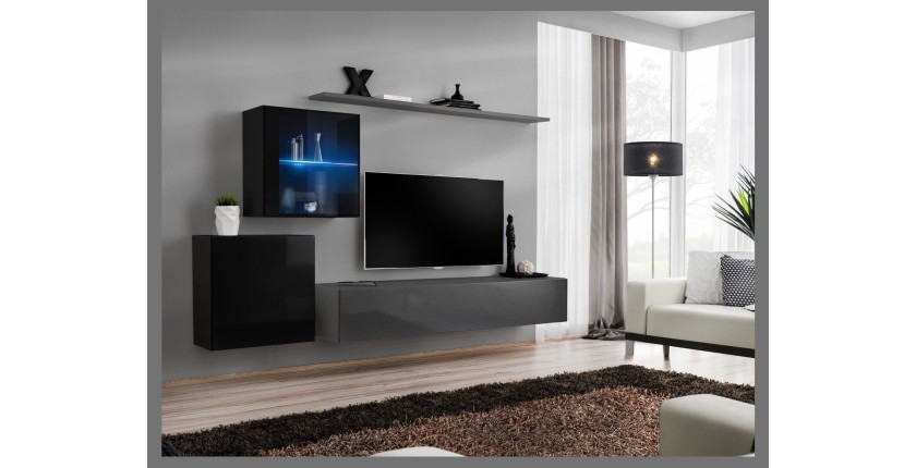 Ensemble meuble salon mural SWITCH XV design, coloris gris et noir brillant.