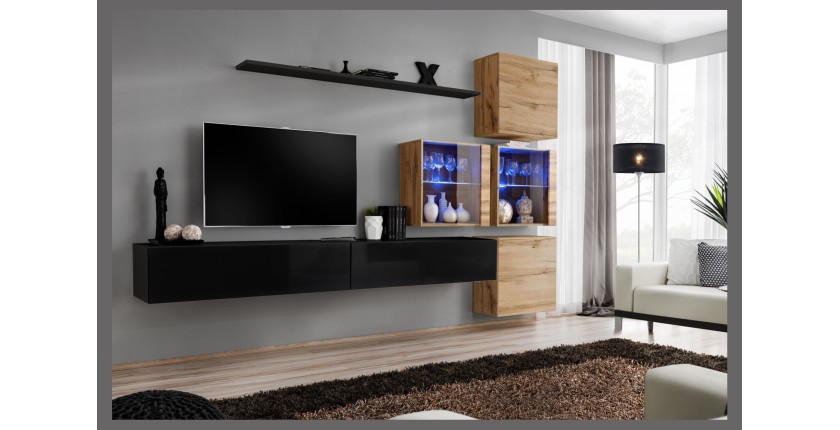 Ensemble meubles de salon SWITCH XIX design, coloris noir brillant et chêne Wotan.