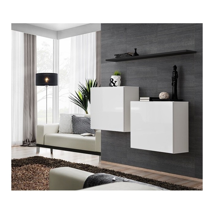 Ensemble meubles de salon SWITCH SBI design, coloris blanc brillant et étagère noir.