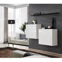 Ensemble meubles de salon SWITCH SBI design, coloris blanc brillant et étagère noir.