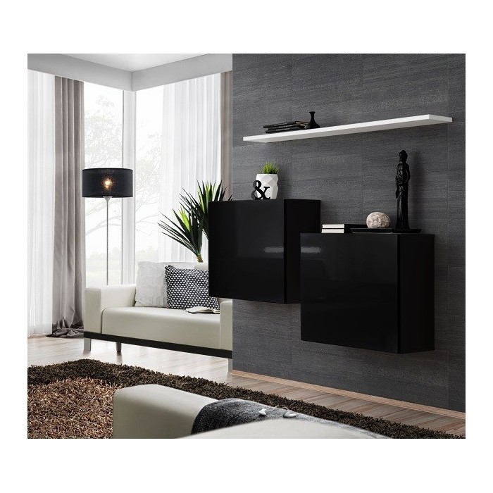 Ensemble meubles de salon SWITCH SBI design, coloris noir brillant et étagère blanche.