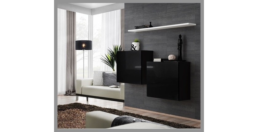 Ensemble meubles de salon SWITCH SBI design, coloris noir brillant et étagère blanche.