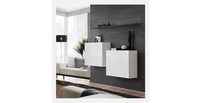 Ensemble meubles de salon SWITCH SBI design, coloris blanc brillant et étagère grise.