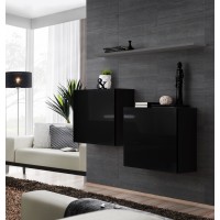 Ensemble meubles de salon SWITCH SBI design, coloris noir brillant et étagère grise.