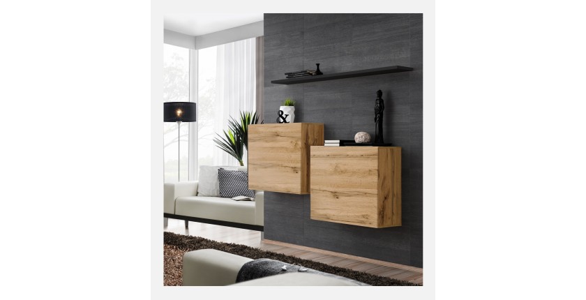 Ensemble meubles de salon SWITCH SBI design, coloris chêne Wotan et étagère noire.