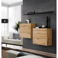 Ensemble meubles de salon SWITCH SBI design, coloris chêne Wotan et étagère noire.