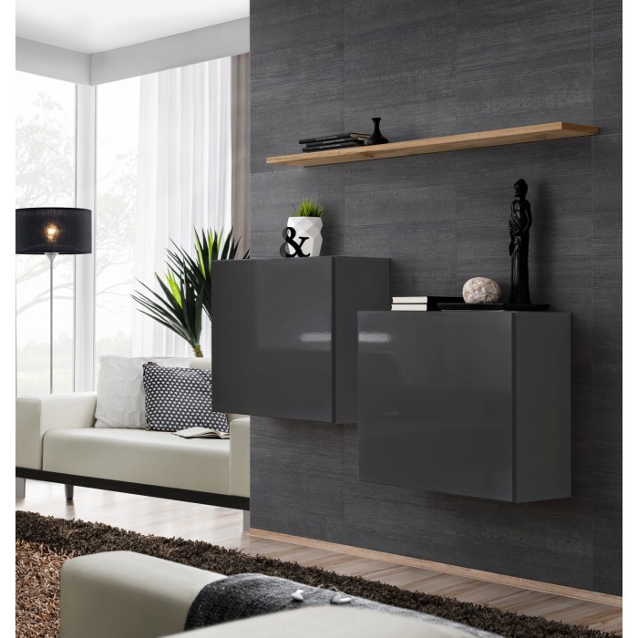 Ensemble meubles de salon SWITCH SBI design, coloris gris brillant et étagère chêne Wotan.