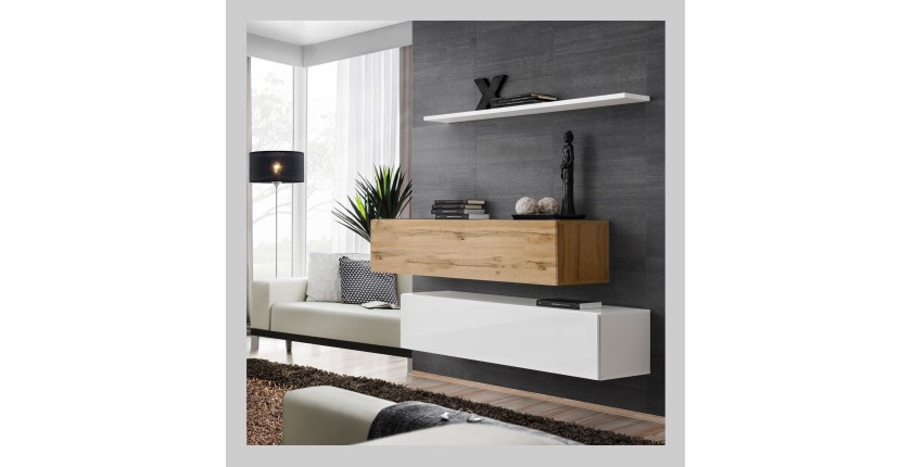 Ensemble meubles de salon SWITCH SBII design, coloris blanc brillant et chêne Wotan.