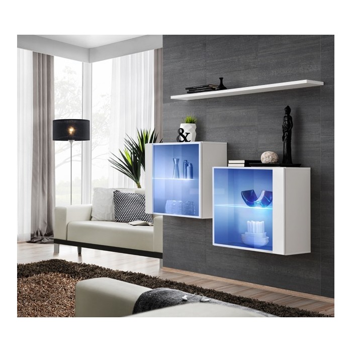 Ensemble meubles de salon SWITCH SBIII design, coloris blanc brillant et porte vitrée avec système LED intégré.