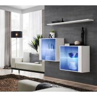 Ensemble meubles de salon SWITCH SBIII design, coloris blanc brillant et porte vitrée avec système LED intégré.