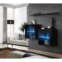 Ensemble meubles de salon SWITCH SBIII design, coloris noir brillant et porte vitrée avec système LED intégré.