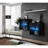 Ensemble meubles de salon SWITCH SBIII design, coloris noir brillant et porte vitrée avec système LED intégré, étagère blanche.