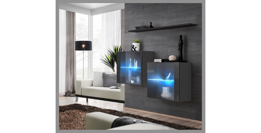 Ensemble meubles de salon SWITCH SBIII design, coloris gris brillant et porte vitrée avec système LED intégré, étagère noire.