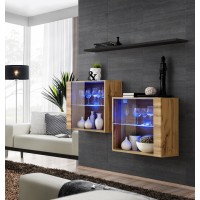 Ensemble meubles de salon SWITCH SBIII, coloris chêne Wotan et porte vitrée avec système LED intégré, étagère noire.