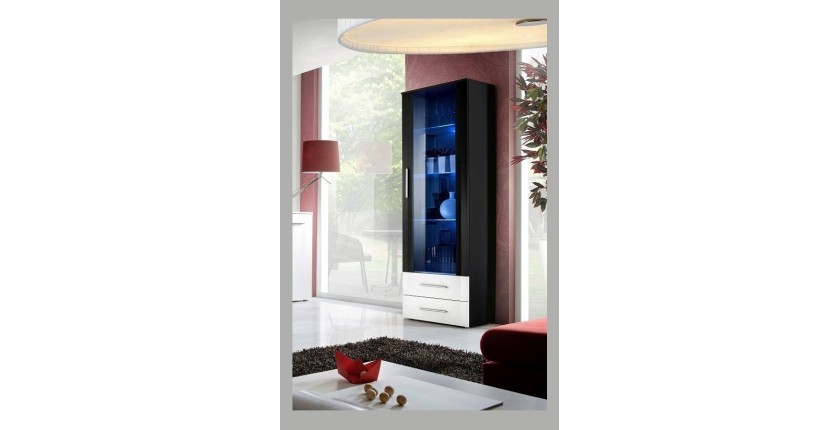 Vitrine NEO I design, coloris noir brillant, tiroirs blancs brillants + LED.