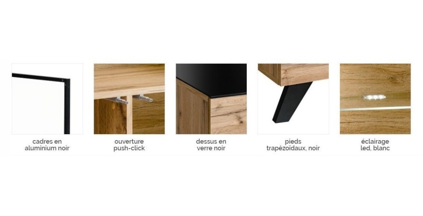 ENSEMBLE MEUBLES DE SALON TINO composé de trois meubles et d'une étagère de style industriel.