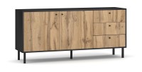 Buffet, enfilade, bahut industriel SPEBO, 164 cm, 3 tiroirs et 2 portes, coloris noir mat et chêne wotan