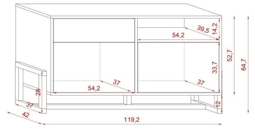 Commode design GEILO, 140 cm, 1 tiroir et 2 portes, coloris blanc mat et hêtre