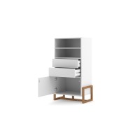Vaisselier design GEILO 2 tiroirs, 1 porte et 2 niches, coloris blanc mat et hêtre