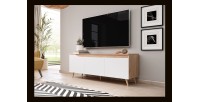 Meuble TV scandinave TUEW 140cm, 3 portes, coloris chêne et blanc mat.