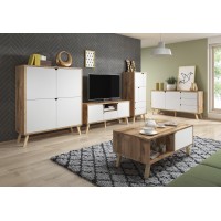 Meuble TV design AOMORI, 140cm, 2 portes, 1 tiroir et 1 niche, coloris hêtre et blanc.