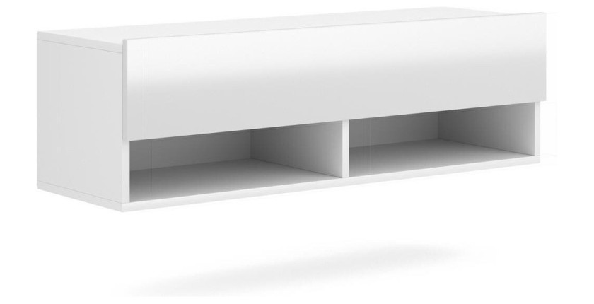 Meuble TV suspendu design CLUJ, 100 cm, 1 porte et 2 niches, coloris blanc et blanc brillant.