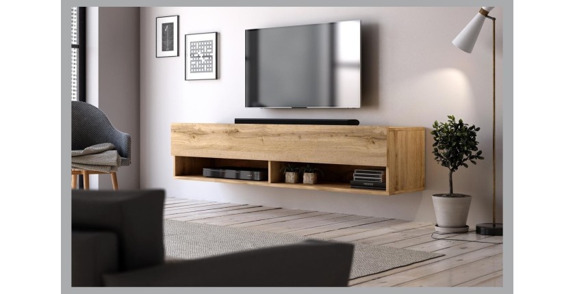 Meuble TV suspendu design CLUJ, 140 cm, 1 porte et 2 niches, coloris chêne wotan.