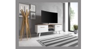 Meuble TV design EST, 140cm, 2 portes et 2 niches, coloris blanc et chêne.