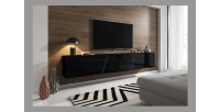 Meuble TV design SPEED, 240 cm, 1 porte et 3 espaces de rangement, coloris noir et noir brillant + LED