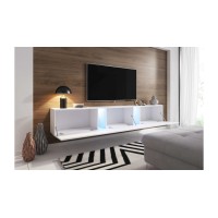 Meuble TV design SPEED, 240 cm, 1 porte et 3 espaces de rangement, coloris noir et noir brillant + LED